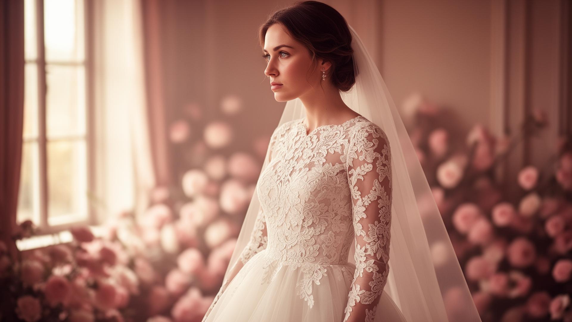 Noiva de costas com vestido de renda e véu longo em atelier de luxo